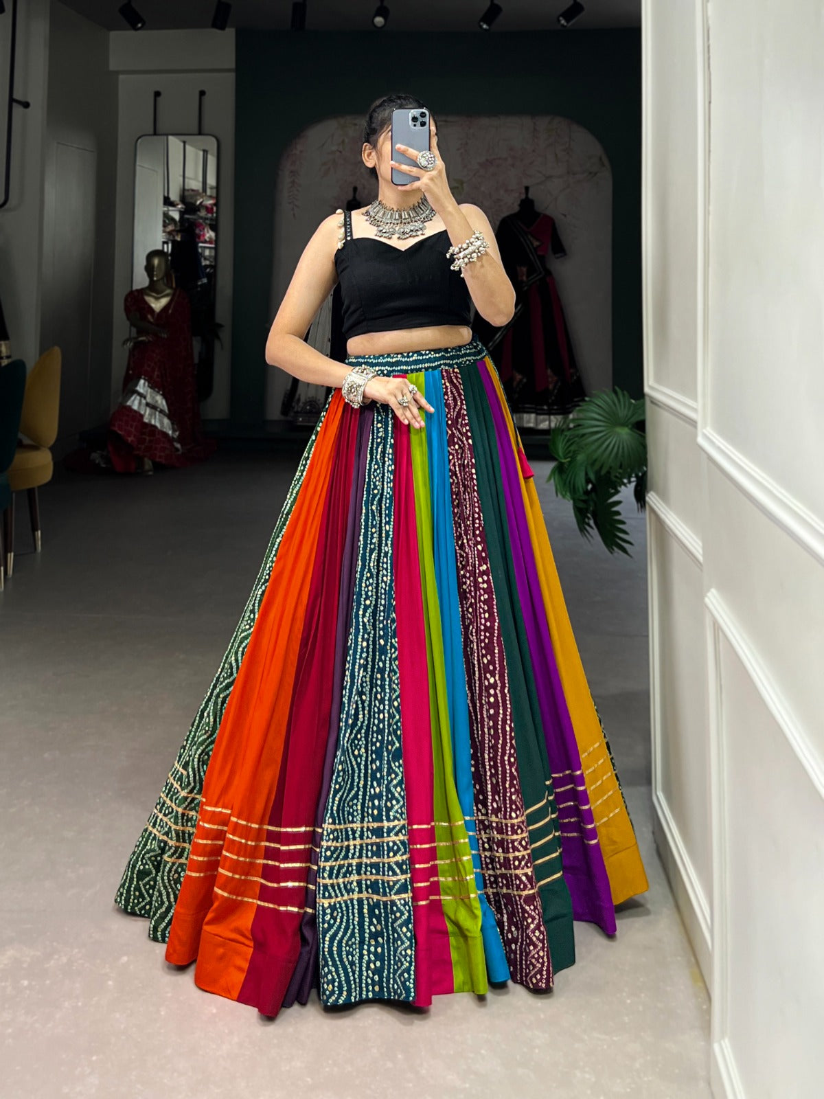 Womenline Multi Color Pure Rayon Navratri Lehenga With Black Choli