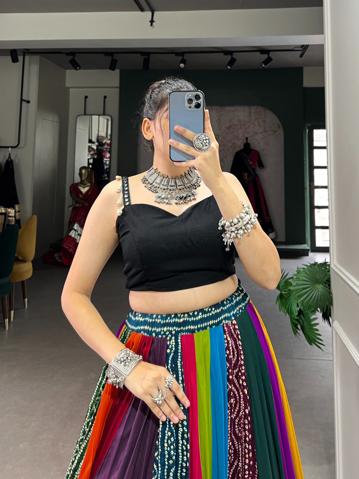 Womenline Multi Color Pure Rayon Navratri Lehenga With Black Choli