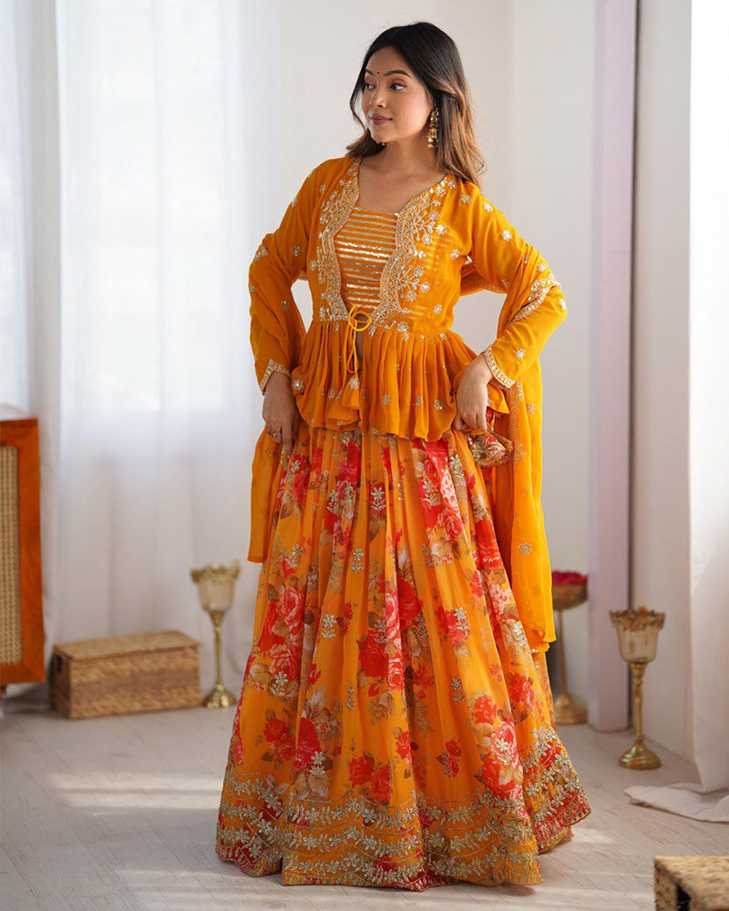 Womenline Mustard Color Georgette Printed And Embroidered Lehenga Choli
