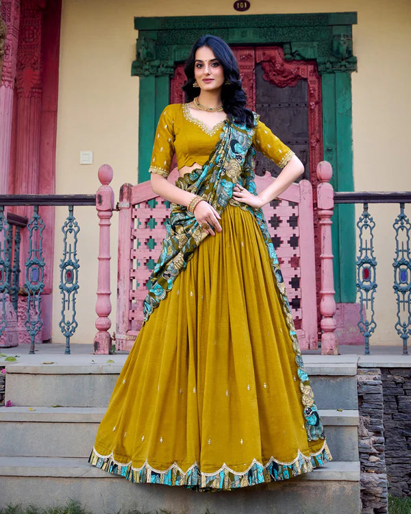 Womenline Mustard Color Vichitra Silk Embroidered Half Saree