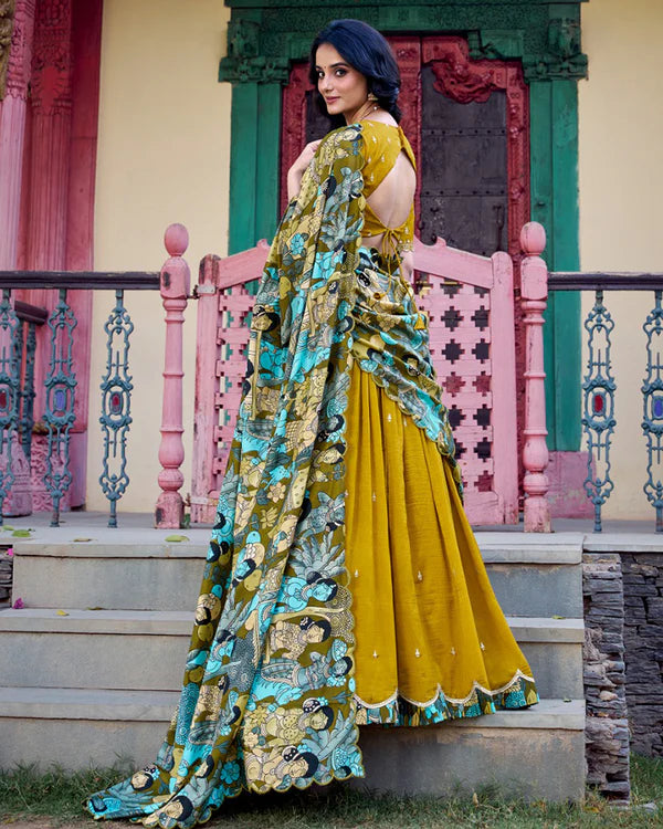 Womenline Mustard Color Vichitra Silk Embroidered Half Saree