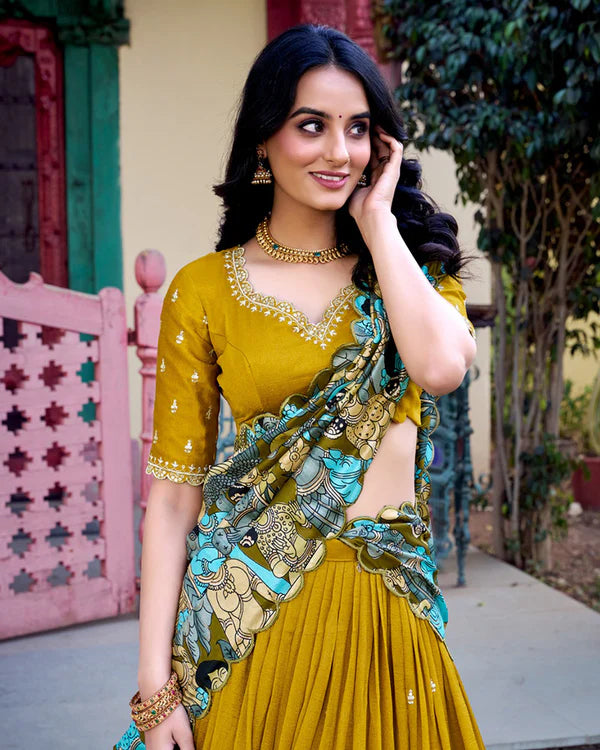 Womenline Mustard Color Vichitra Silk Embroidered Half Saree