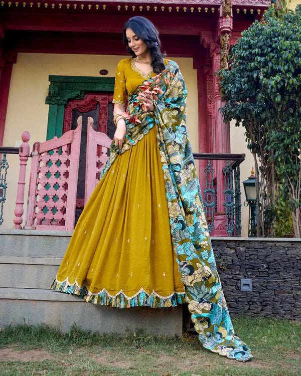 Womenline Mustard Color Vichitra Silk Embroidered Half Saree