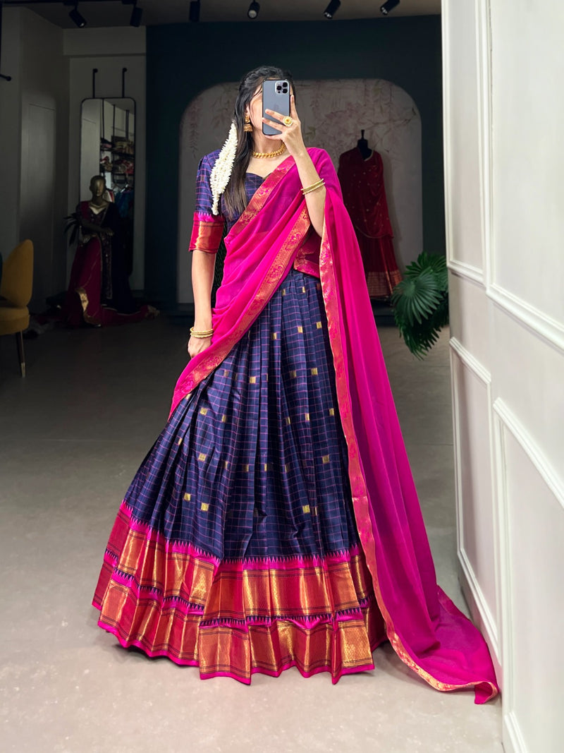 Womenline Navy Blue Color Cotton Silk Designer Half Saree