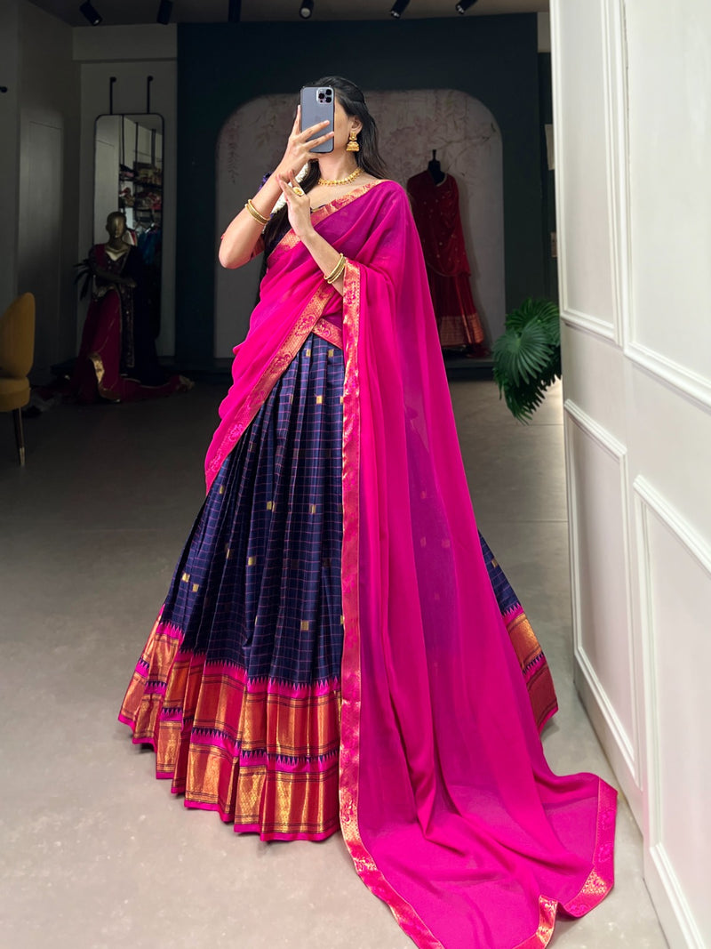 Womenline Navy Blue Color Cotton Silk Designer Half Saree