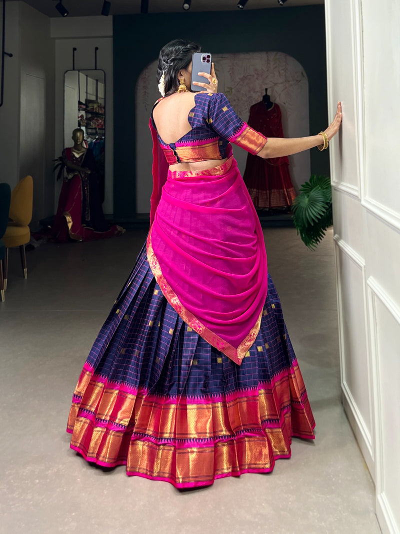 Womenline Navy Blue Color Cotton Silk Designer Half Saree