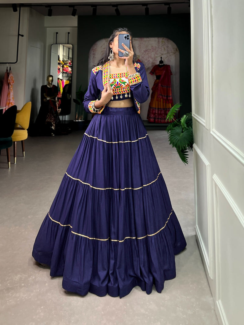 Womenline Navy Blue Color Pure Rayon Gamthi Navratri Lehenga Choli