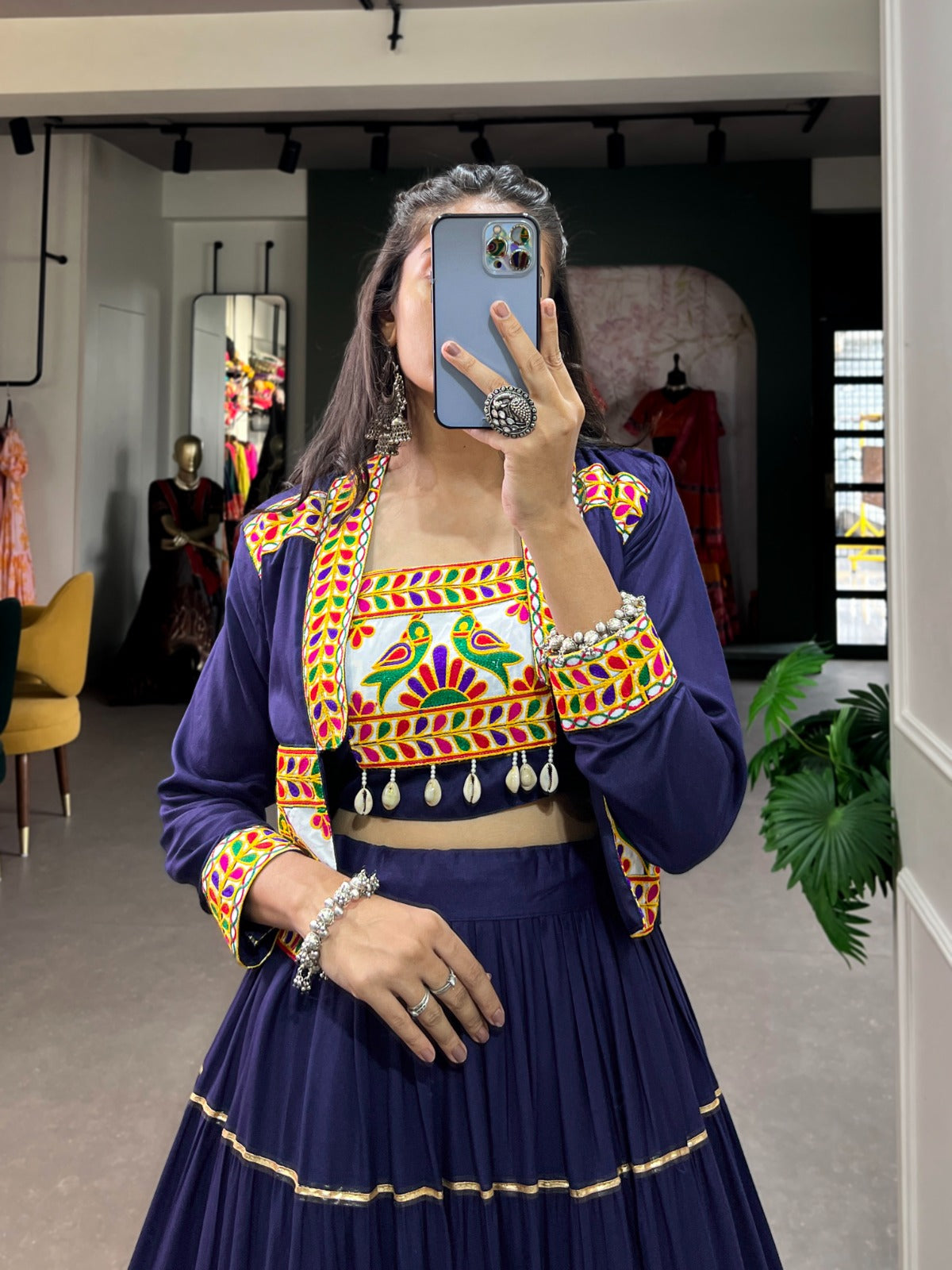 Womenline Navy Blue Color Pure Rayon Gamthi Navratri Lehenga Choli