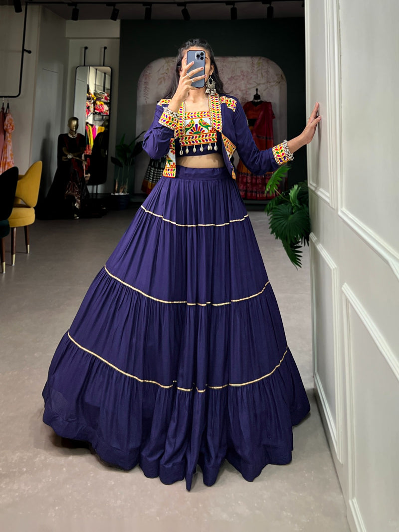 Womenline Navy Blue Color Pure Rayon Gamthi Navratri Lehenga Choli