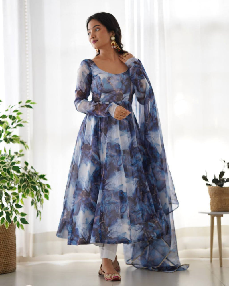 Womenline Navy Blue Color Pure Soft Organza Three Piece Anarkali Suit