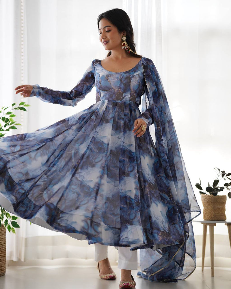 Womenline Navy Blue Color Pure Soft Organza Three Piece Anarkali Suit