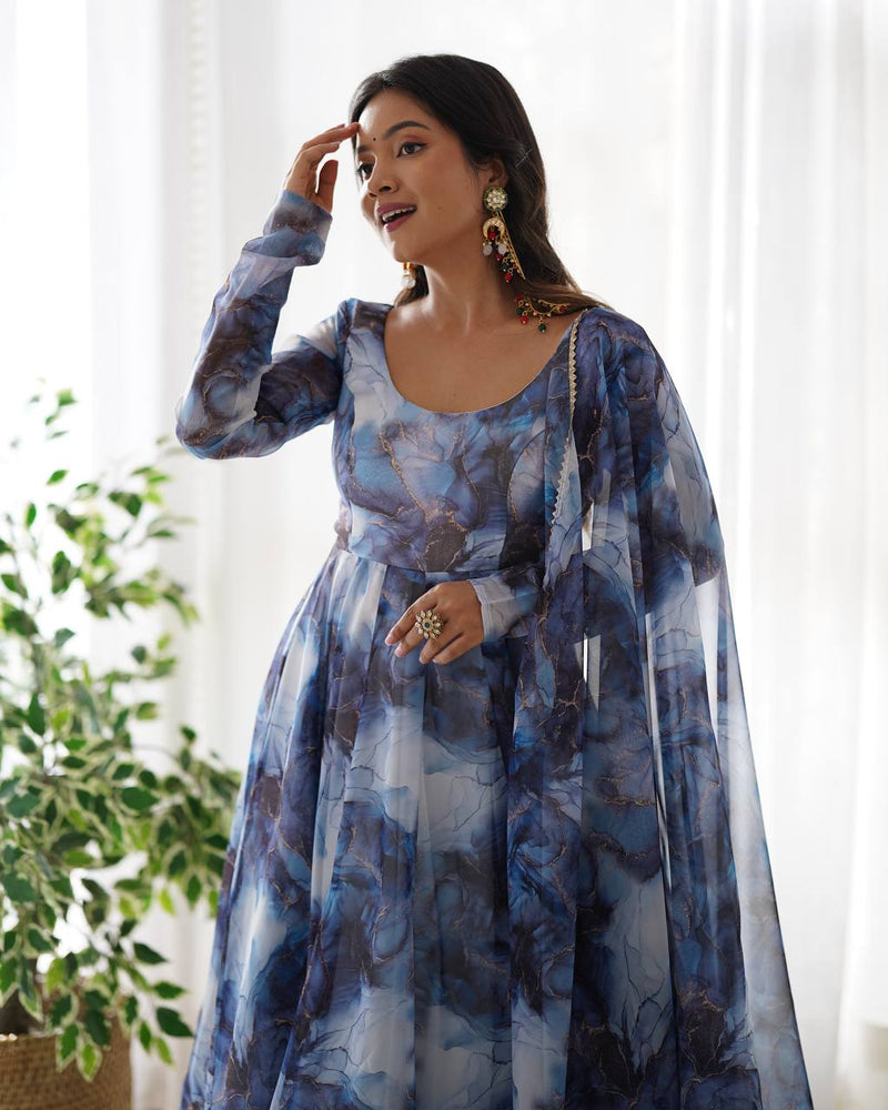 Womenline Navy Blue Color Pure Soft Organza Three Piece Anarkali Suit