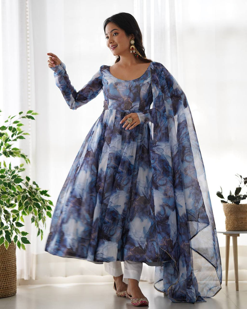 Womenline Navy Blue Color Pure Soft Organza Three Piece Anarkali Suit