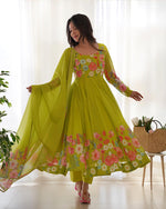 Womenline Neon Color Floral Print Organza Three Piece Anarkali Suit