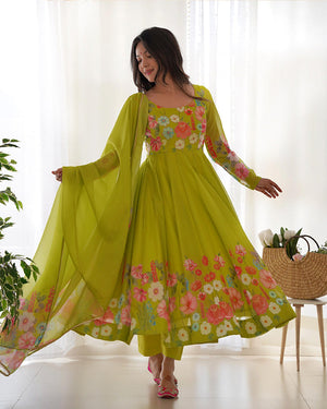 Womenline Neon Color Floral Print Organza Three Piece Anarkali Suit