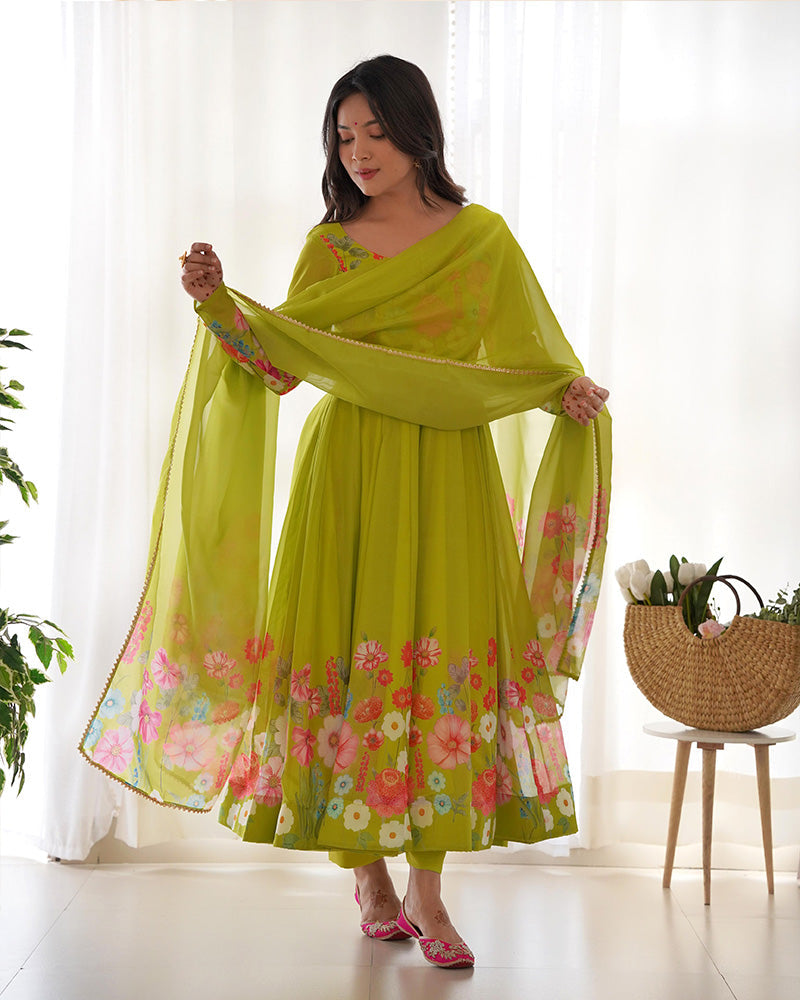 Womenline Neon Color Floral Print Organza Three Piece Anarkali Suit