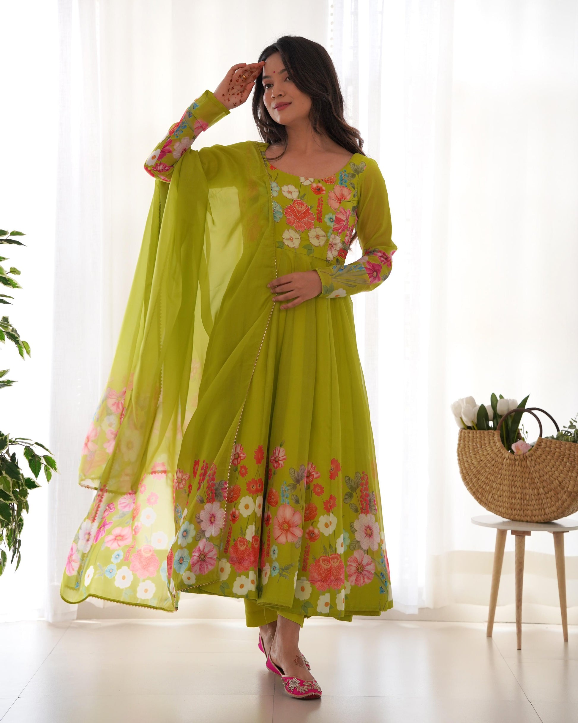 Womenline Neon Color Floral Print Organza Three Piece Anarkali Suit
