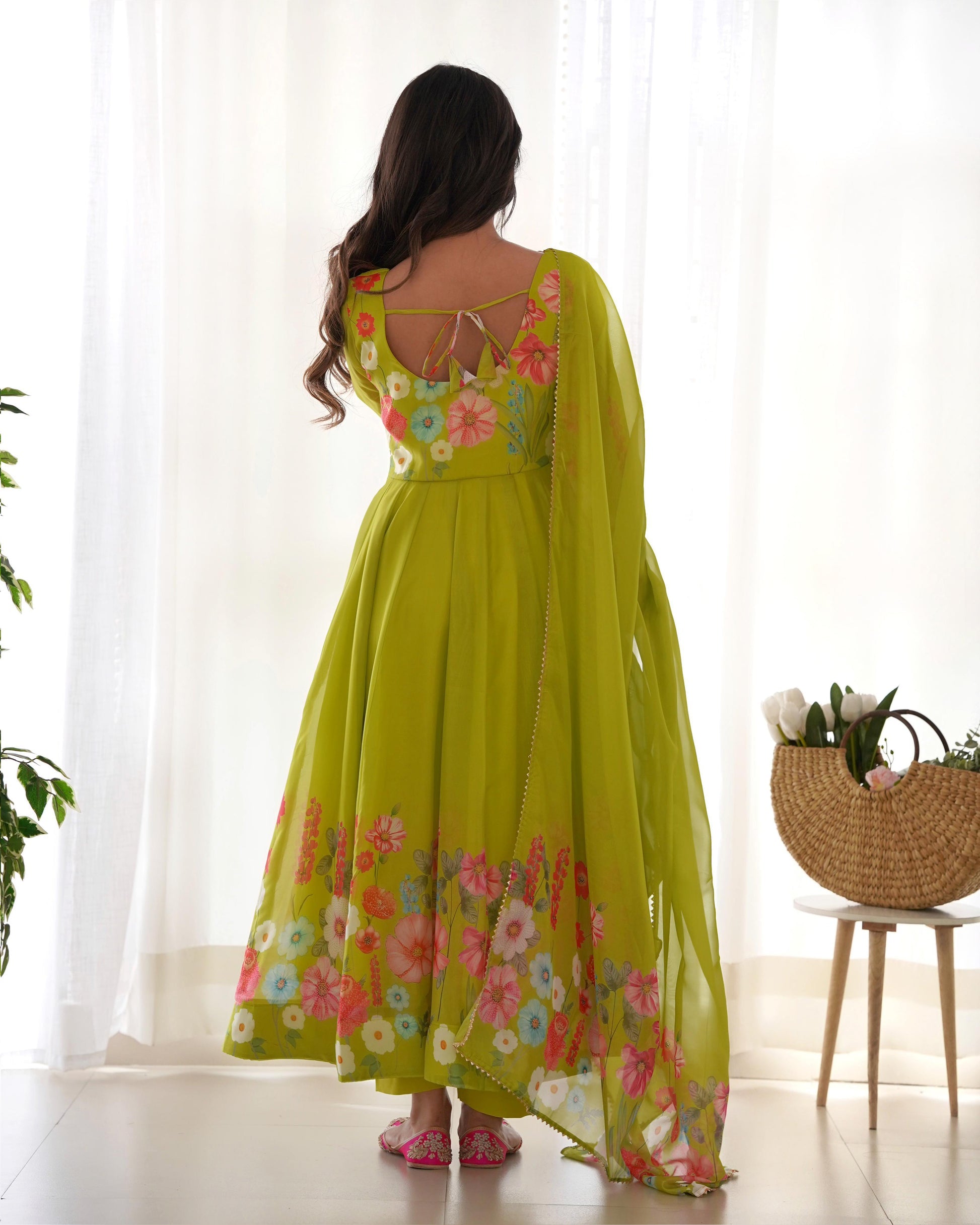 Womenline Neon Color Floral Print Organza Three Piece Anarkali Suit