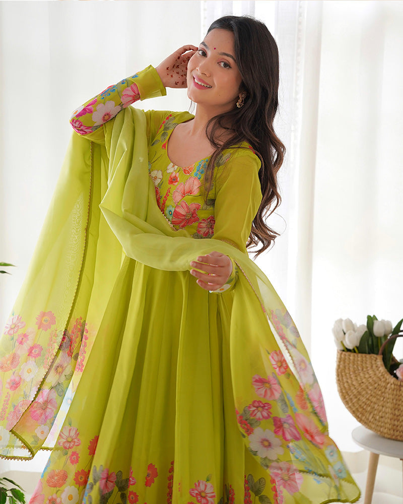 Womenline Neon Color Floral Print Organza Three Piece Anarkali Suit
