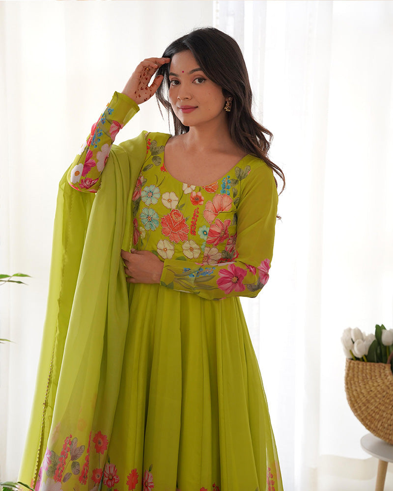 Womenline Neon Color Floral Print Organza Three Piece Anarkali Suit