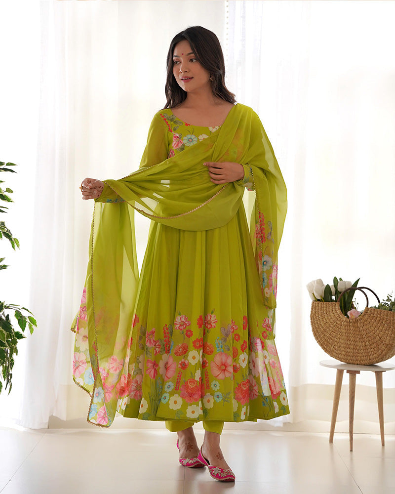 Womenline Neon Color Floral Print Organza Three Piece Anarkali Suit