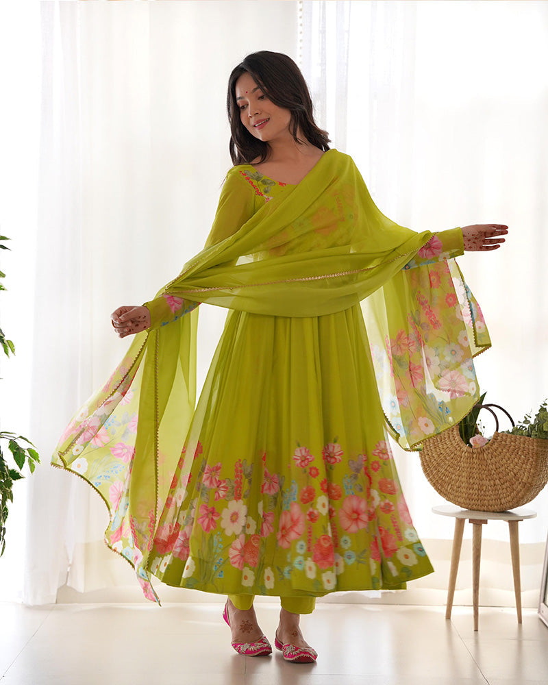 Womenline Neon Color Floral Print Organza Three Piece Anarkali Suit
