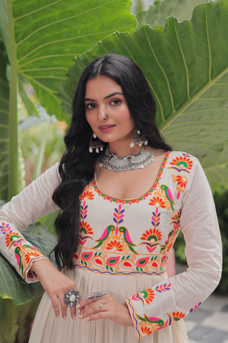 Womenline Off White Color Kora Cotton Navratri Gown
