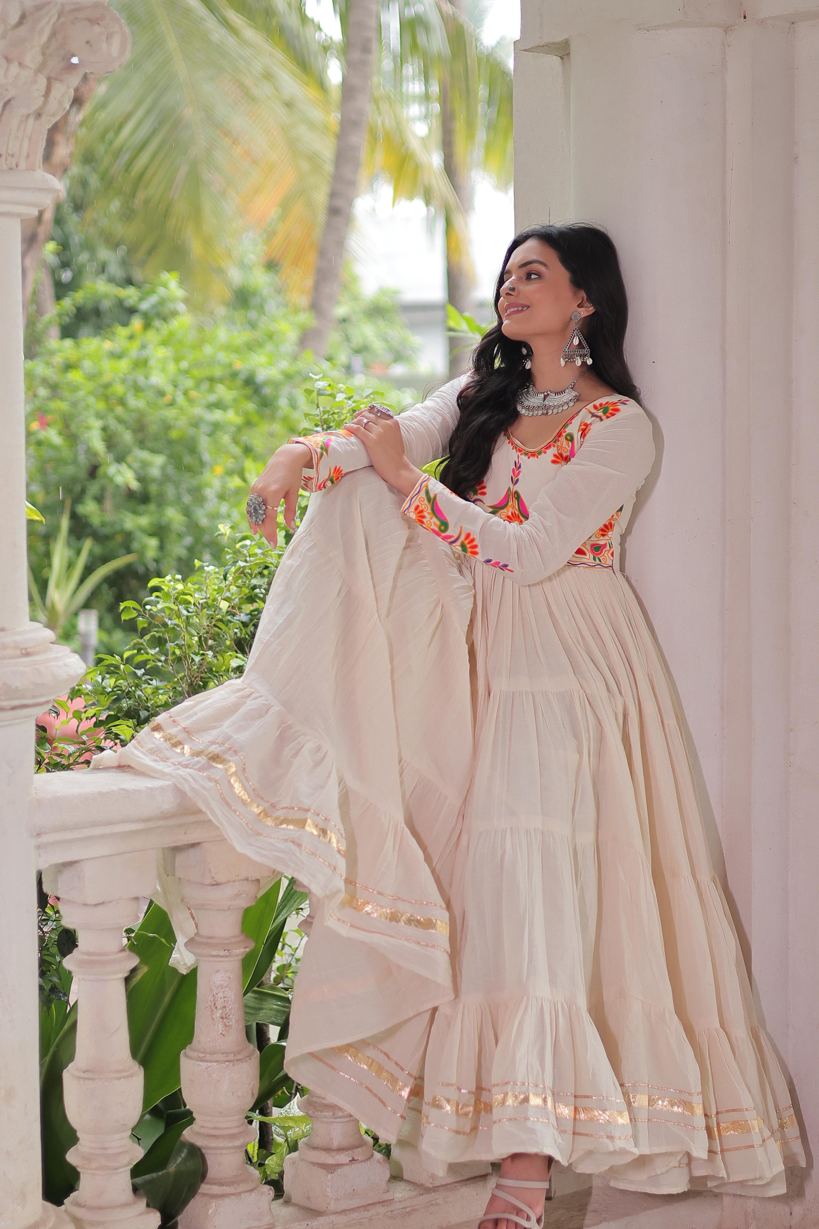 Womenline Off White Color Kora Cotton Navratri Gown