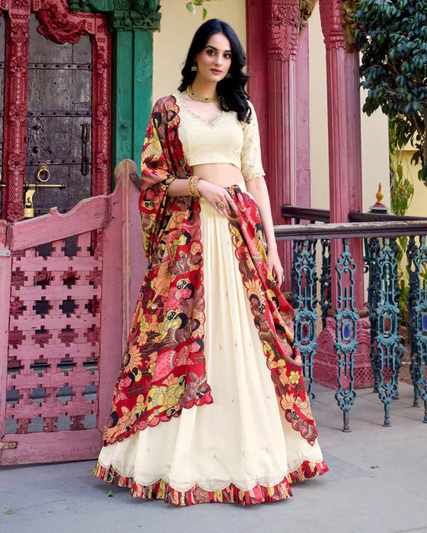 Womenline Off-White Color Vichitra Silk Embroidered Half Saree