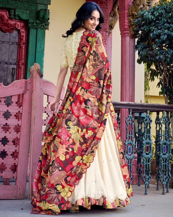 Womenline Off-White Color Vichitra Silk Embroidered Half Saree