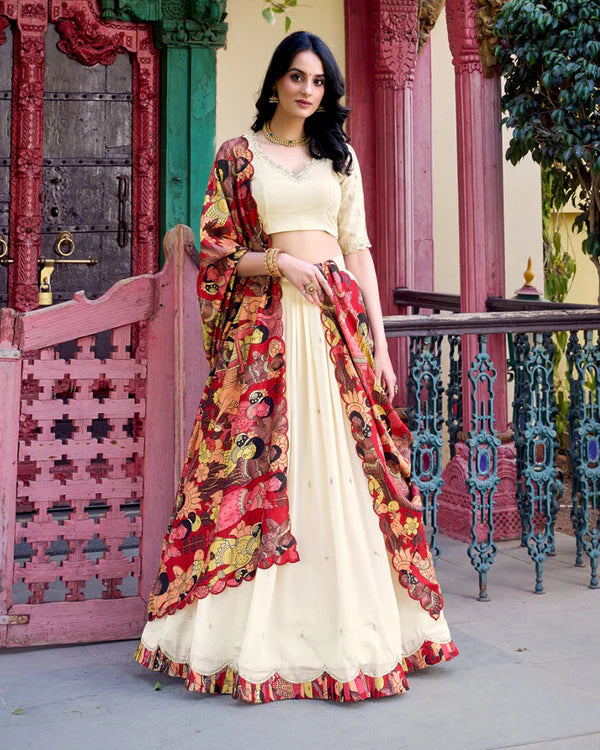 Womenline Off-White Color Vichitra Silk Embroidered Half Saree