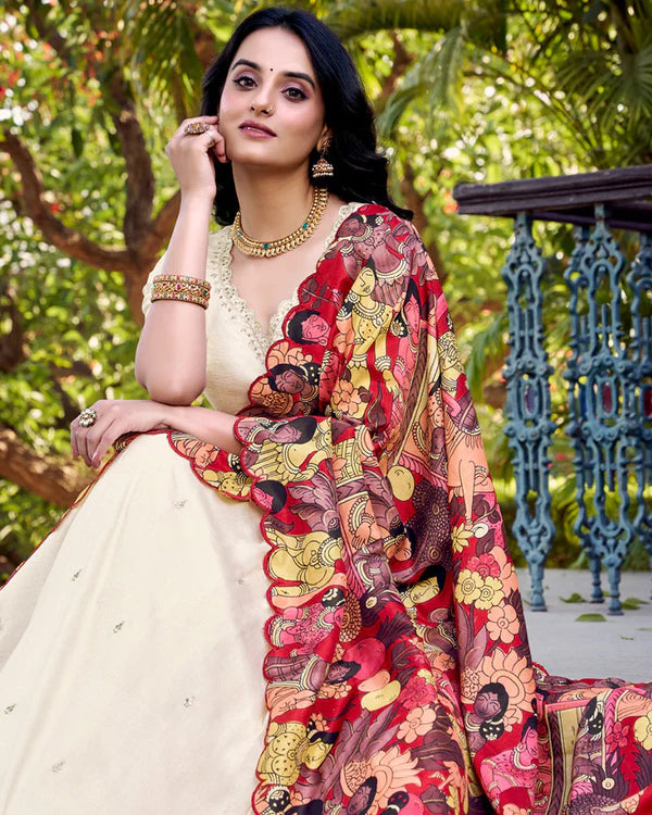 Womenline Off-White Color Vichitra Silk Embroidered Half Saree