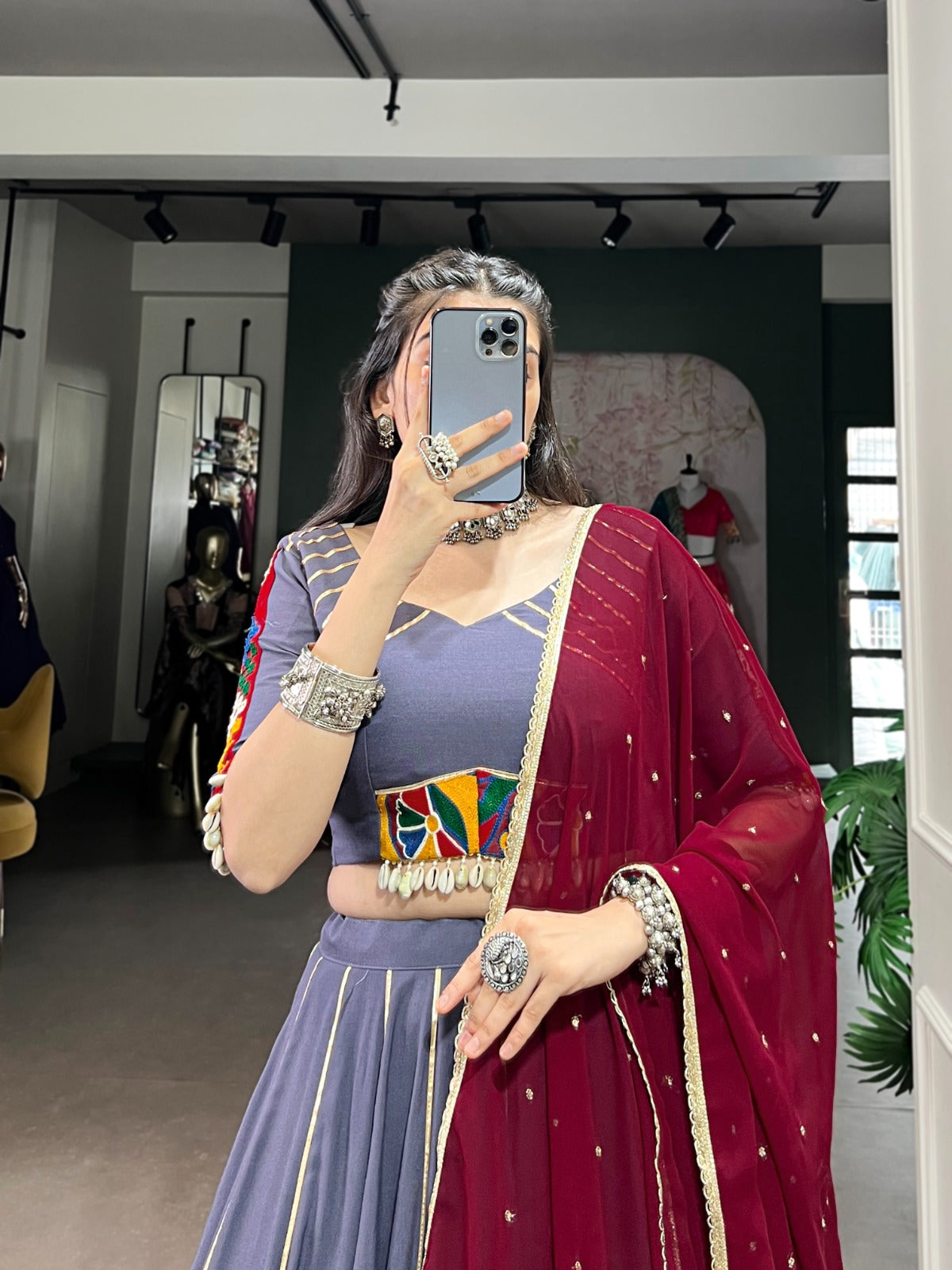 Womenline Onion Color Rayon Embossed Navratri Lehenga Choli