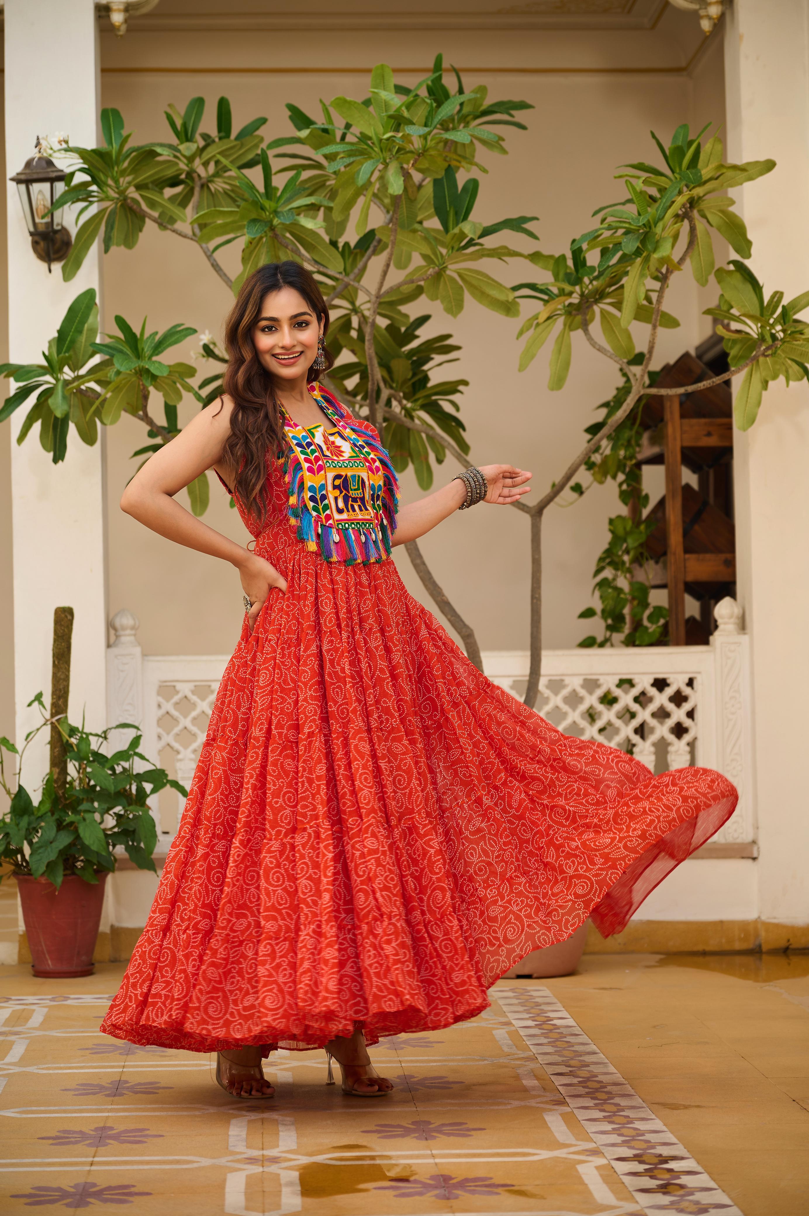 Womenline Orange Color Georgette Navratri Gown