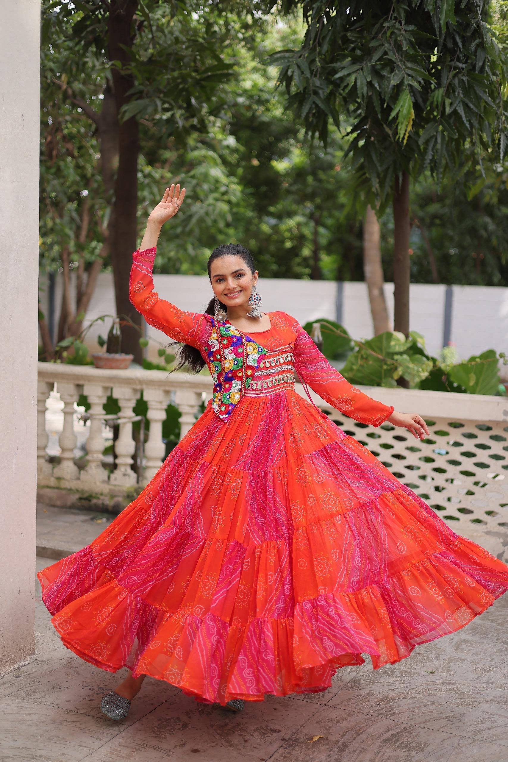 Womenline Orange Color Laheriya Faux Grorgette Navratri Gown