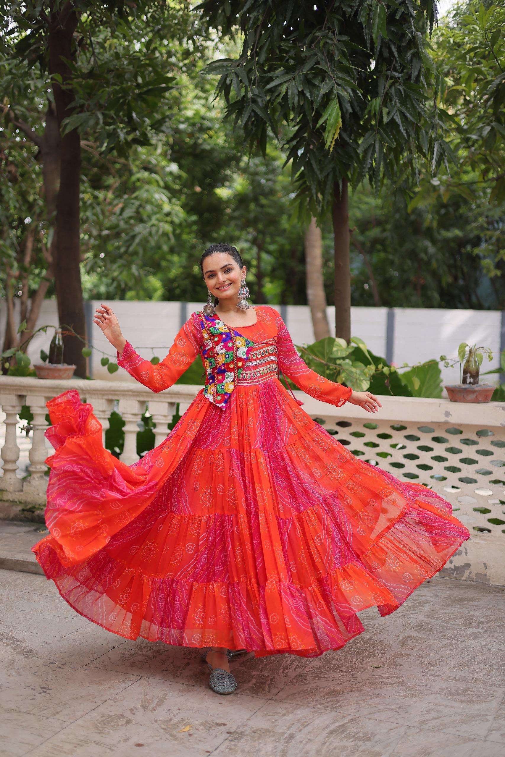 Womenline Orange Color Laheriya Faux Grorgette Navratri Gown