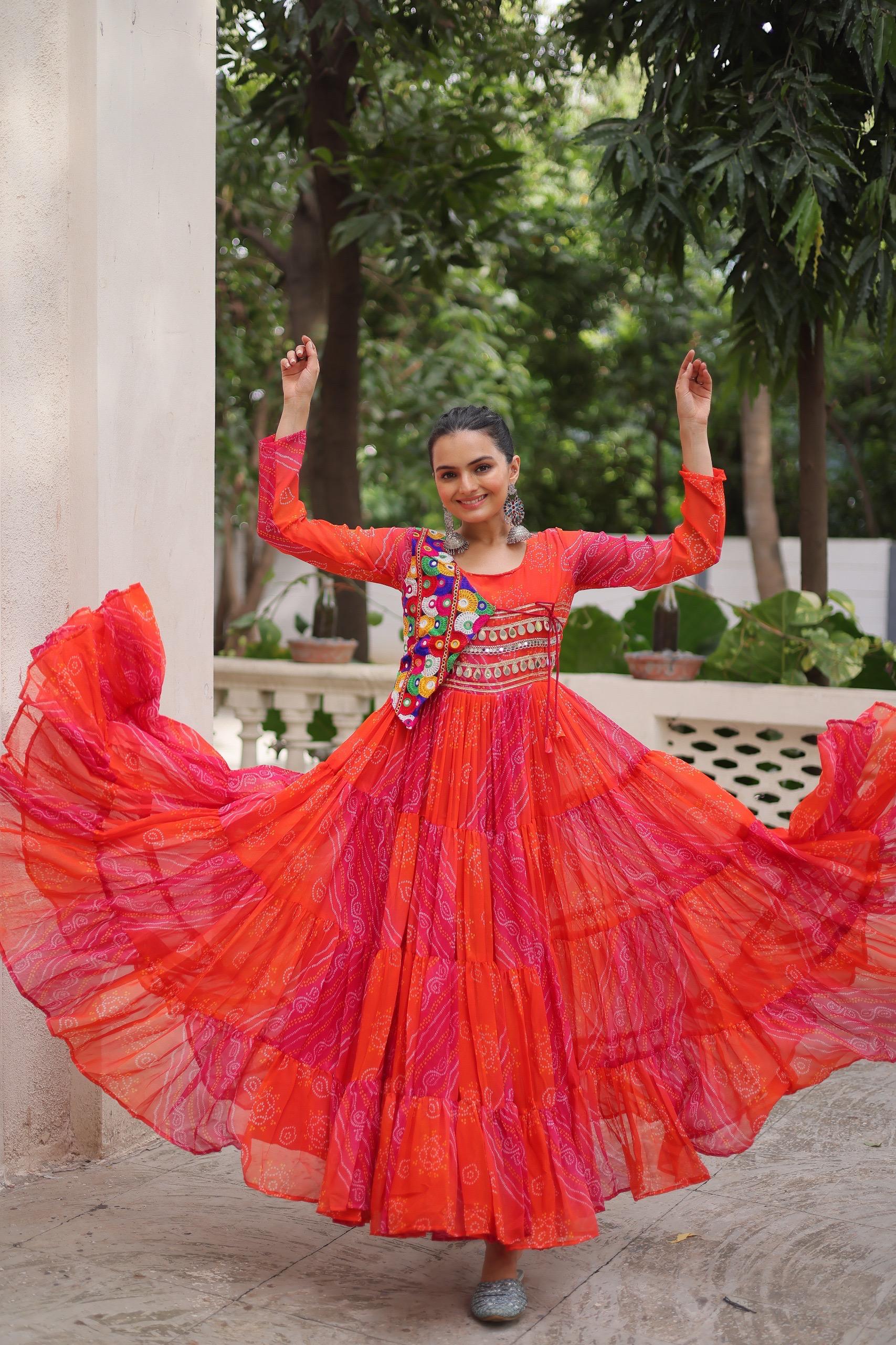 Womenline Orange Color Laheriya Faux Grorgette Navratri Gown