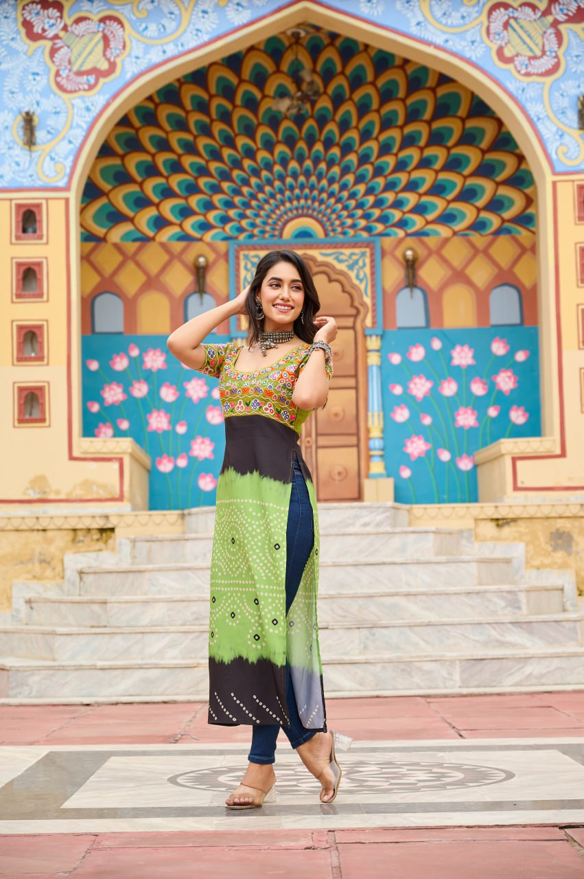 Womenline Parrot Green Printed Reyon Gamthi Work Kurti