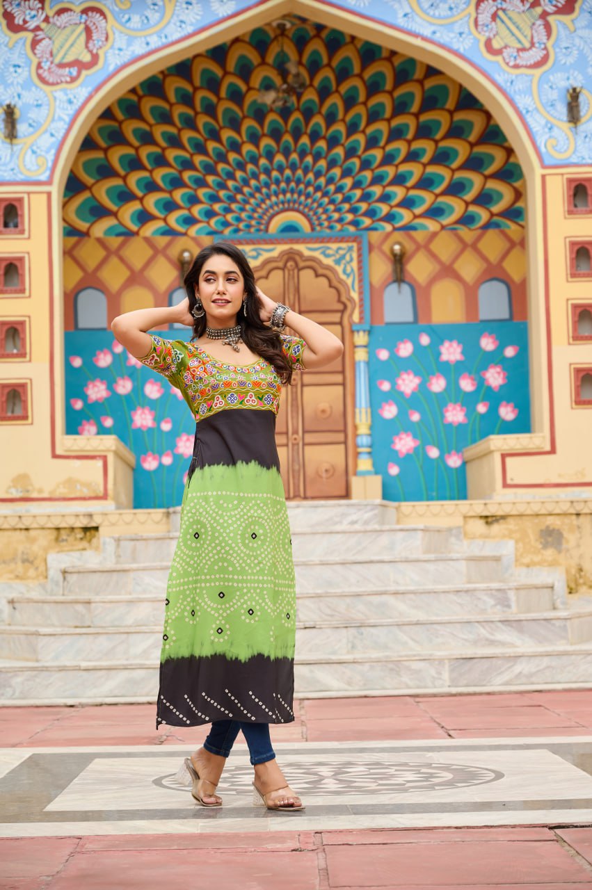 Womenline Parrot Green Printed Reyon Gamthi Work Kurti