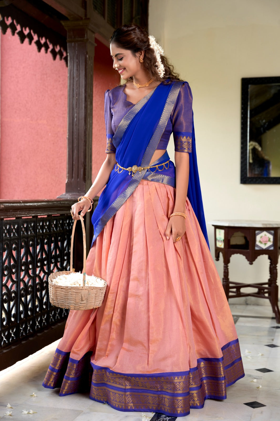 Womenline Peach Color Kanchipuram Designer Half Saree