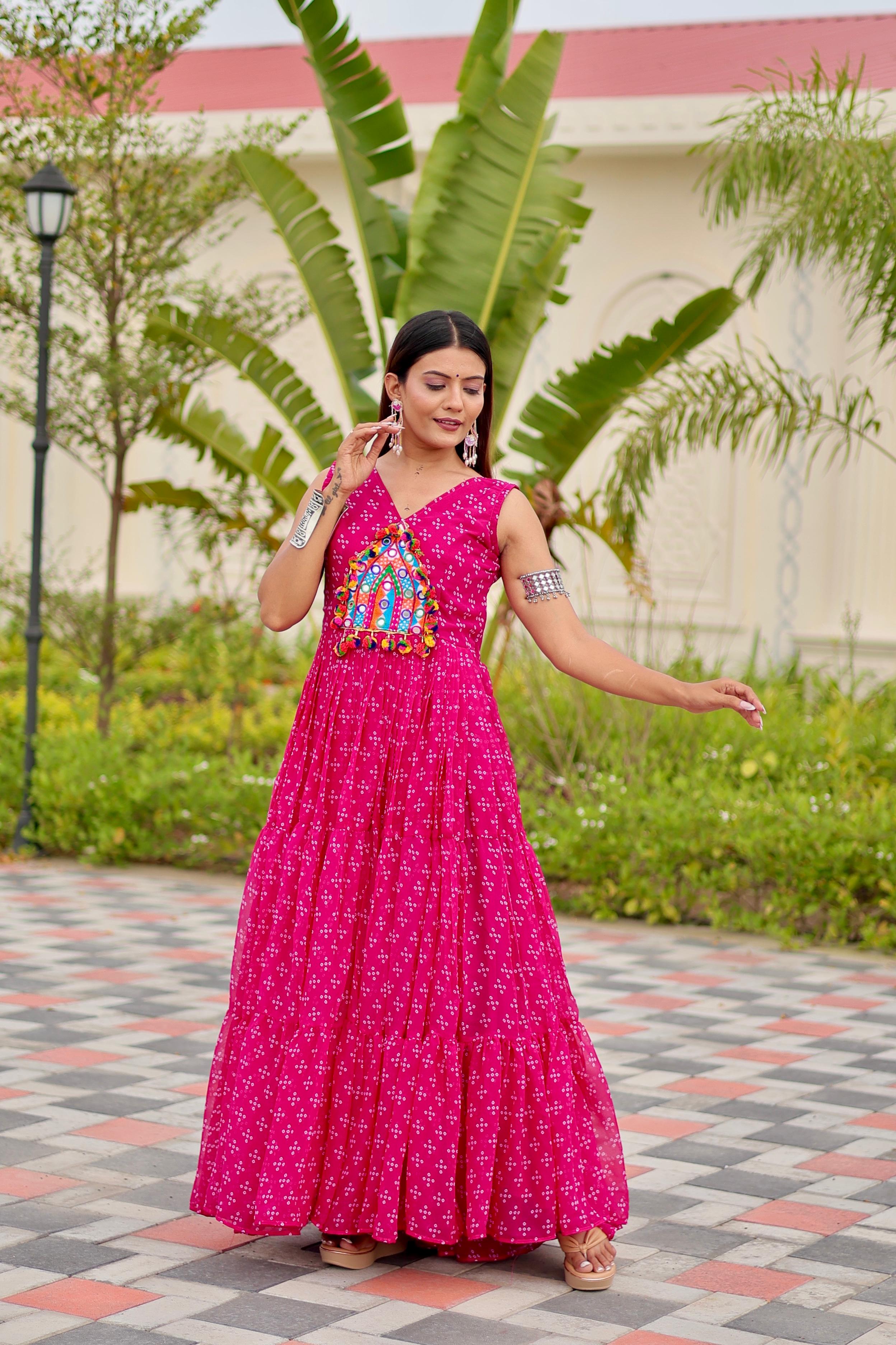 Womenline Pink Color Foux Georgette Navratri Gown