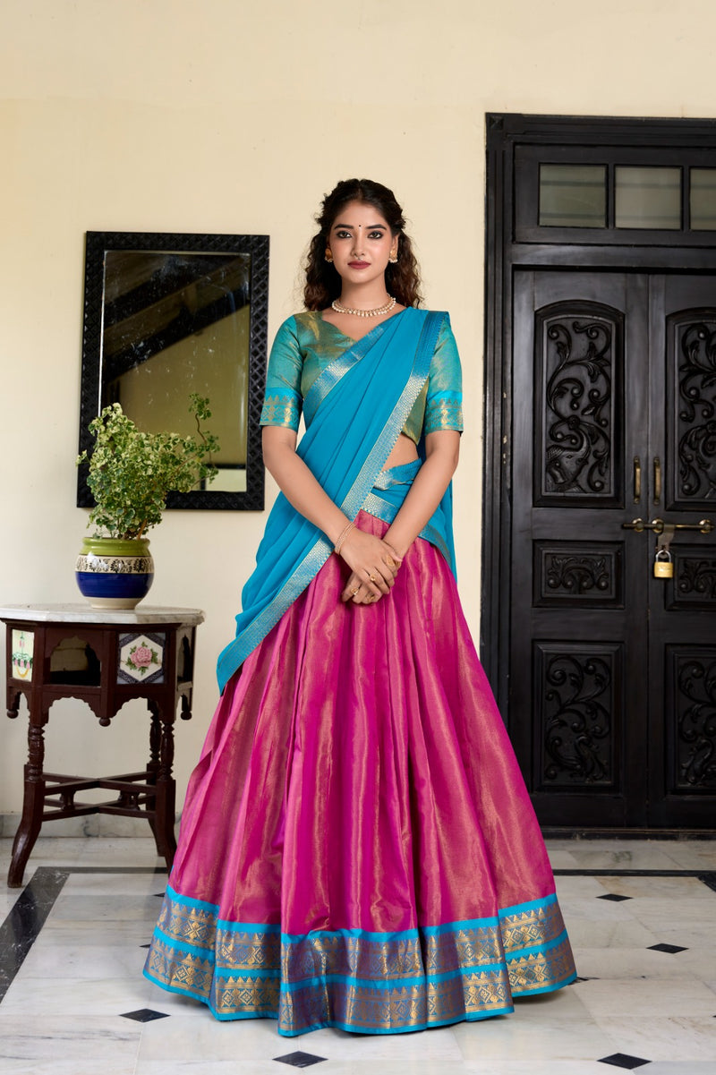Womenline Pink Color Kanchipuram Designer Half Saree