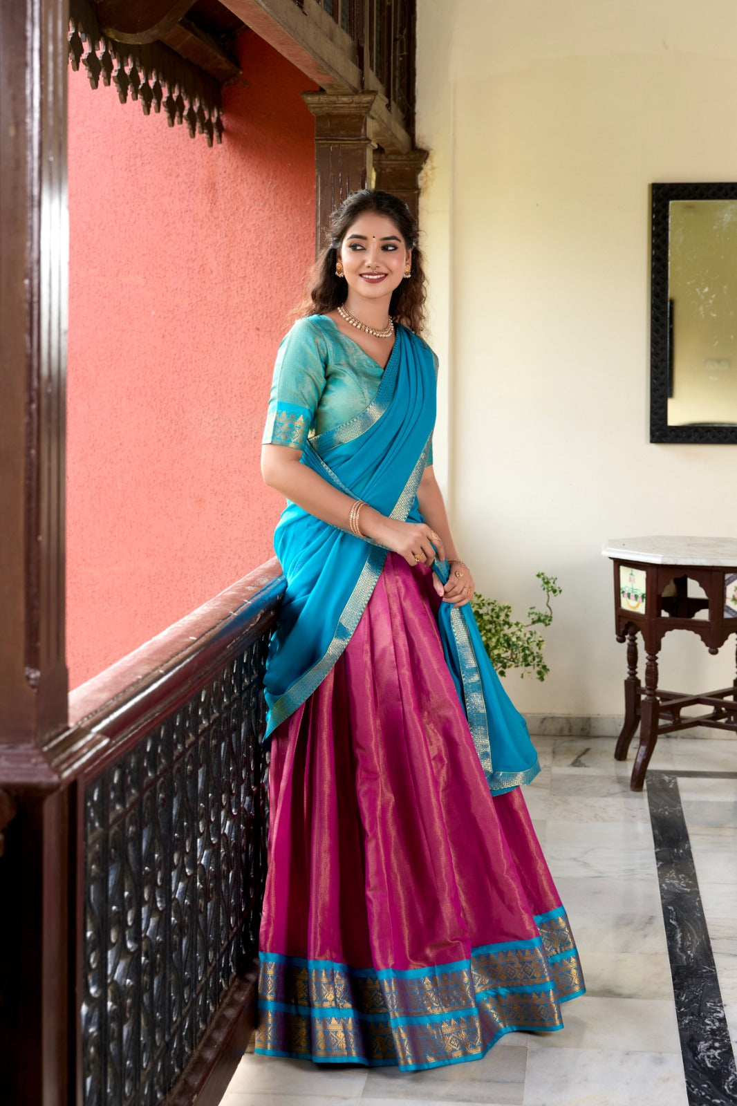 Womenline Pink Color Kanchipuram Designer Half Saree