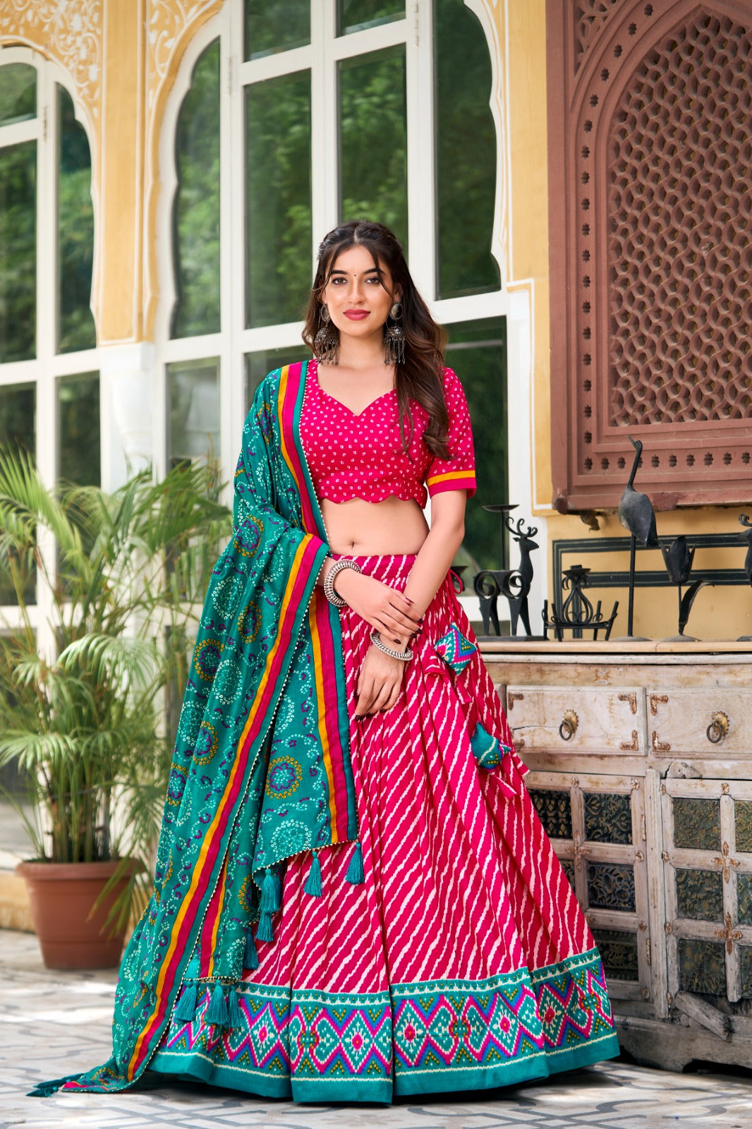 Womenline Pink Color Tussar Silk laheriya Printed Navratri Lehenga Choli