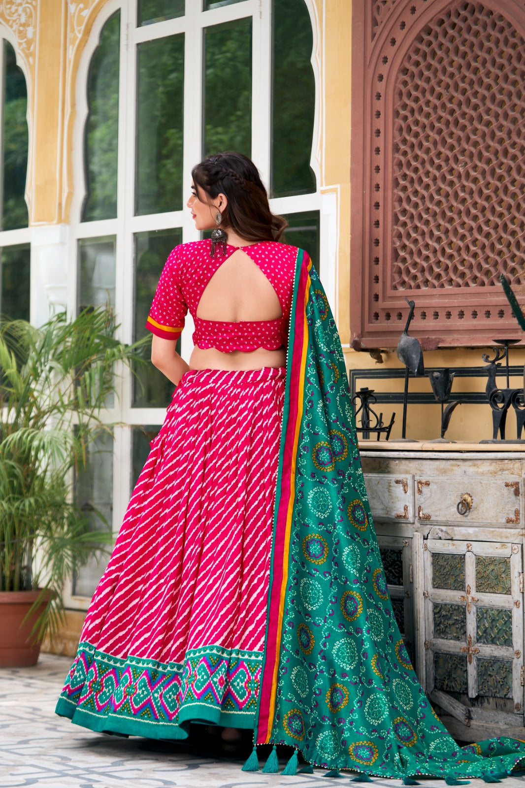 Womenline Pink Color Tussar Silk laheriya Printed Navratri Lehenga Choli