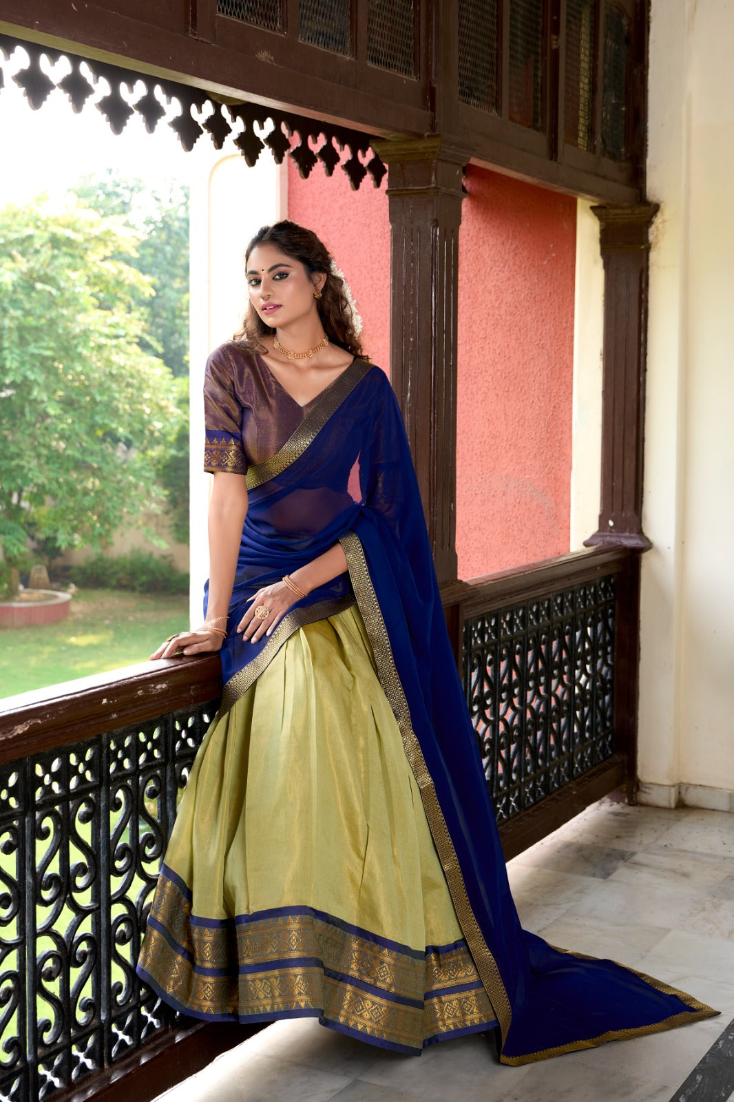 Womenline Pista Color Kanchipuram Designer Half Saree