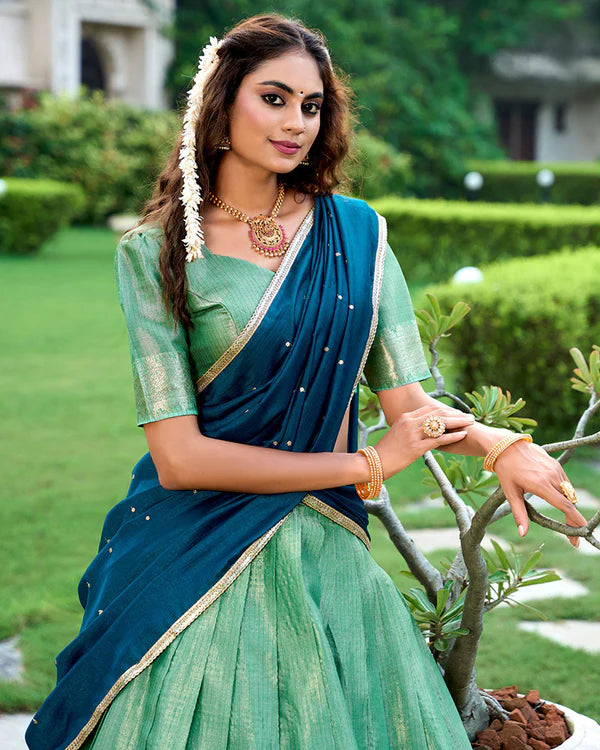 Womenline Pista Color Kanchipuram Designer Half Saree