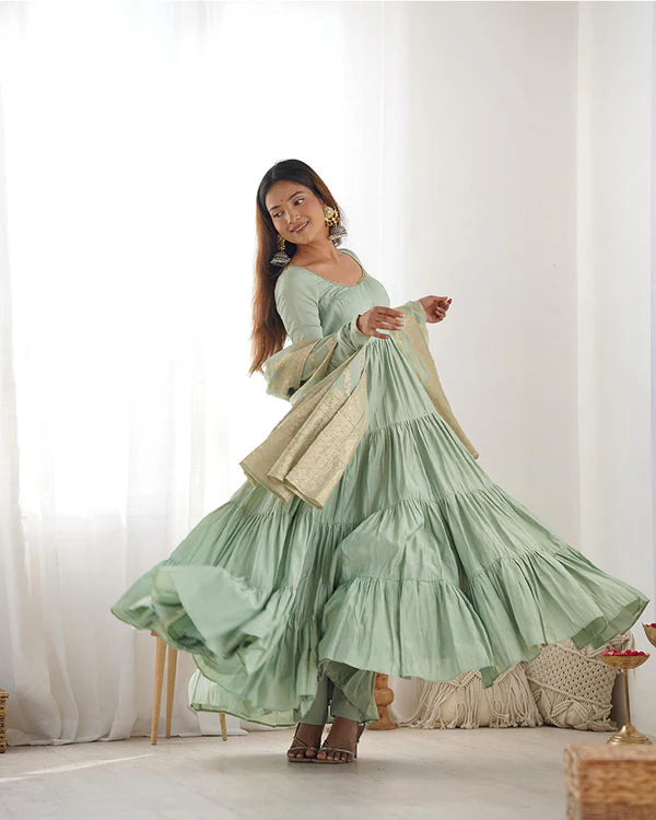 Womenline Pista Color Pure Roman Silk Ruffle Style Anarkali Suit