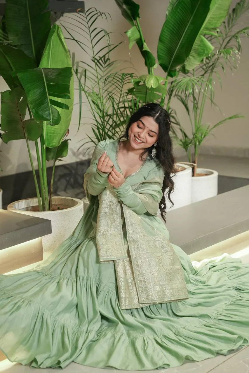 Womenline Pista Color Pure Roman Silk Ruffle Style Anarkali Suit