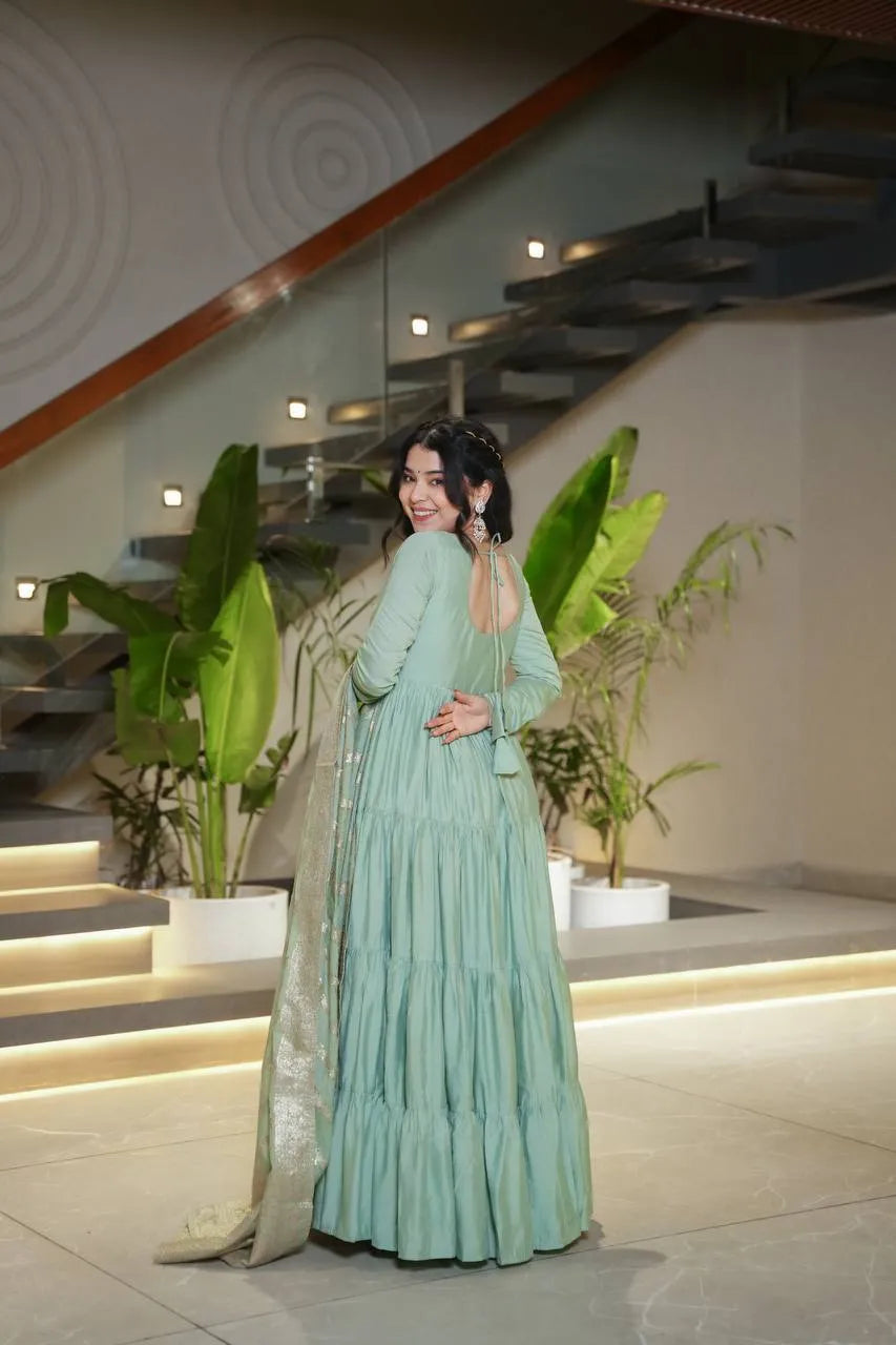 Womenline Pista Color Pure Roman Silk Ruffle Style Anarkali Suit